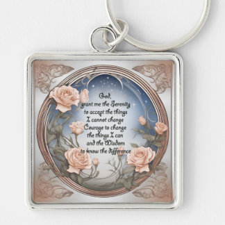 Serenity Prayer med blommor och Ram Fyrkantig Silverfärgad Nyckelring