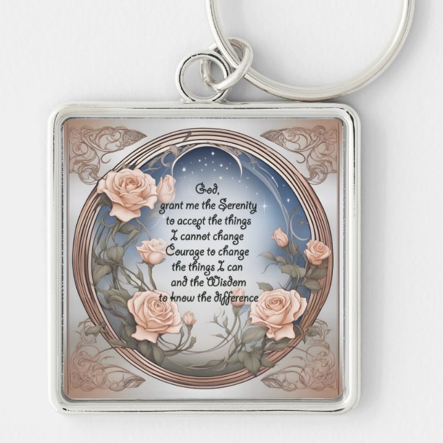Serenity Prayer med blommor och Ram Fyrkantig Silverfärgad Nyckelring (Framsidan)