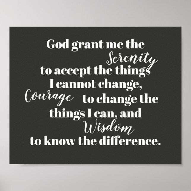 Serenity prayer poster fet grått och vitt citat (Framsidan)