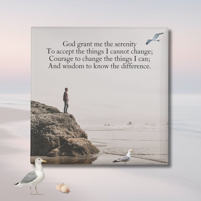 Serenity Prayer-strand Reflekterande Scen Magnet (Seagull Contemplating Serenity Prayer Magnet )