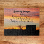 Serenity Prayer Sunset Silhouette liggande Pussel<br><div class="desc">Jigszawapussel som innehåller fotobilden av ett färgat solnedgång i himlar och svarta silhuetter tillsammans med det inspirerande orden från Serenity Prayer. Roligt för hela familjen! En perfekt som också är storlek för montering och inramning.</div>