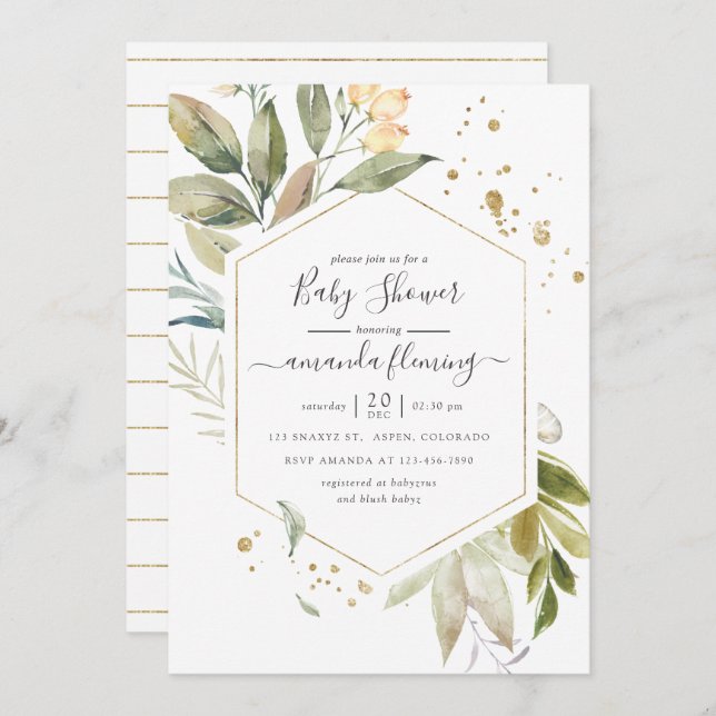 Serenity Watercolor Greenery Geometric Baby Shower Inbjudningar (Fram/baksida)