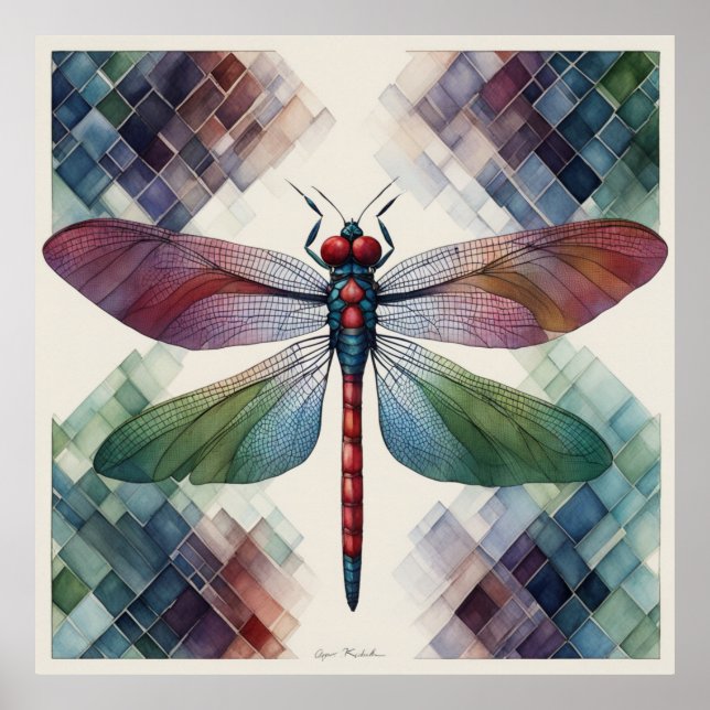 Serenity's Flight: Geometric Elegance Dragonfly Poster (Framsidan)