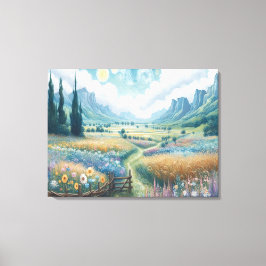 Serenlandskap: blommande blommor och berg canvastryck