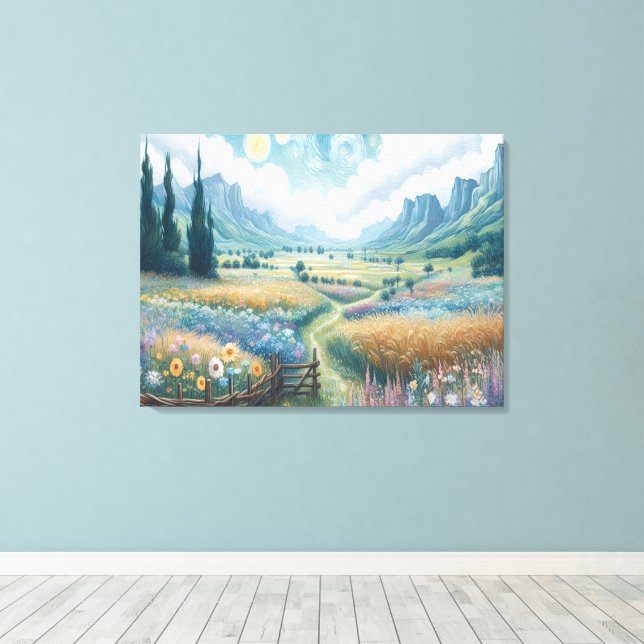 Serenlandskap: blommande blommor och berg canvastryck (Insitu (trägolv))