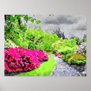 Serenträdgården väg med levande blommor av rosa poster