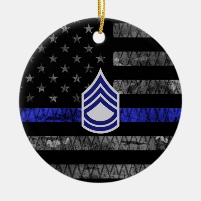 Sergeant First Class Thin Blue Line Distress Fla Julgransprydnad Keramik (Framsidan)