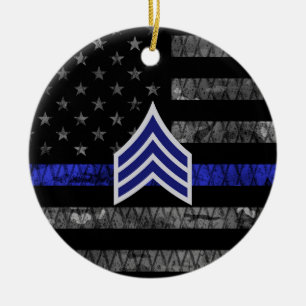 Sergeant Rand Thin Blue Line Distress Flagga Julgransprydnad Keramik