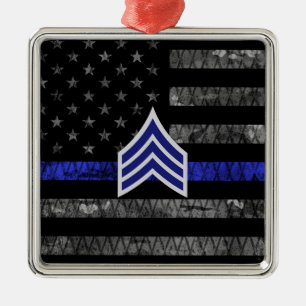 Sergeant Rand Thin Blue Line Distress Flagga Julgransprydnad Metall