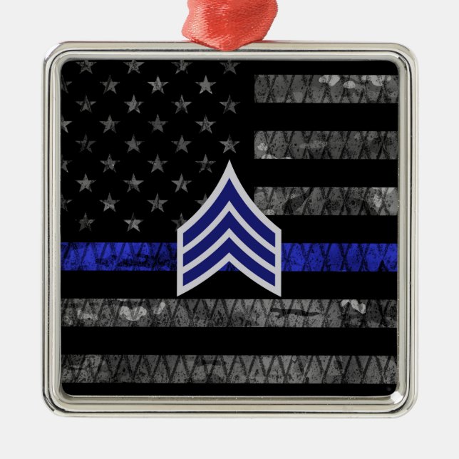 Sergeant Rand Thin Blue Line Distress Flagga Julgransprydnad Metall (Framsidan)