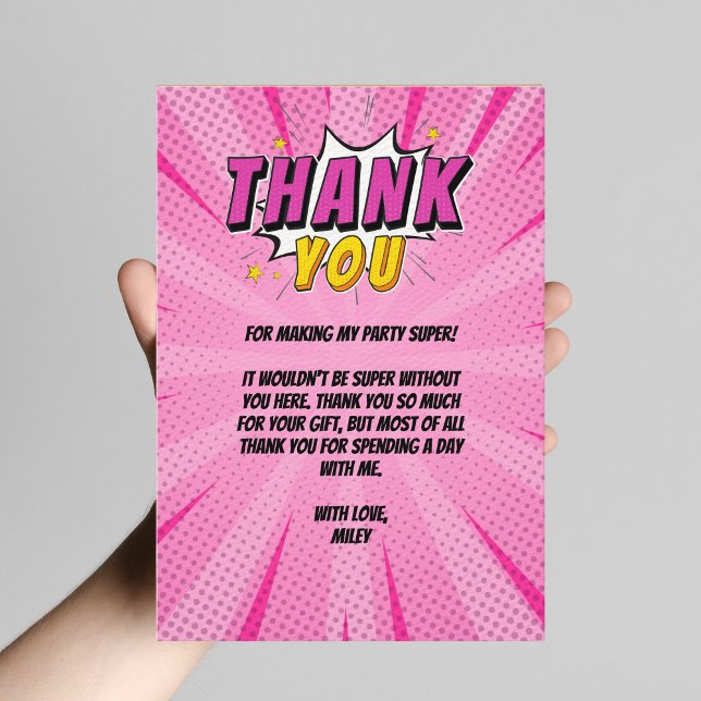 Serieboks Superhjälte Flicka Rosa Födelsedag Tack Kort (Superhero Comic Book Girl's Birthday Thank you Card)