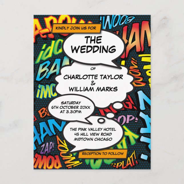 Seriemönstrad Pop Art Bröllopsinbjudan Meddelande Vykort (Framsida)