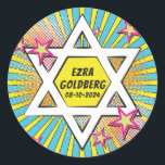 Serier Serietidnings Bar Mitzvah Davidsstjärna Runt Klistermärke<br><div class="desc">Unika och roliga popkonst tecknade seriefigurer Star of David Bar Mitzvah kuvert sigill eller presentetikett. Denna personliga Bar Mitzvah dekal är modellerad efter en tecknad serie som du kan se i serieavsnittet i en dagstidning eller vad du kan se i superhjälte serietidningar. Den är utförd i popkonst tecknad stil med...</div>