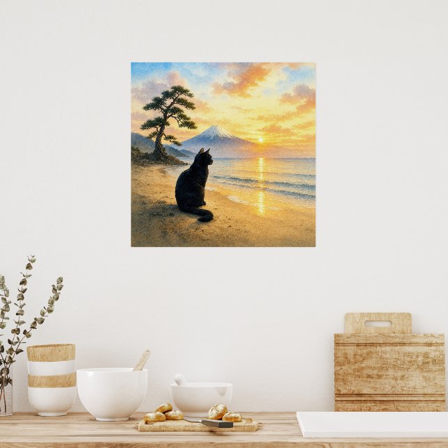 series_1_1｜Square Black Cat Mt Fuji Art Poster (Kök)