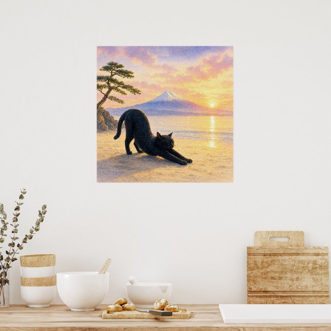 series_1_2｜Square Stretching Black Cat Mt Fuji Art Poster (Kök)