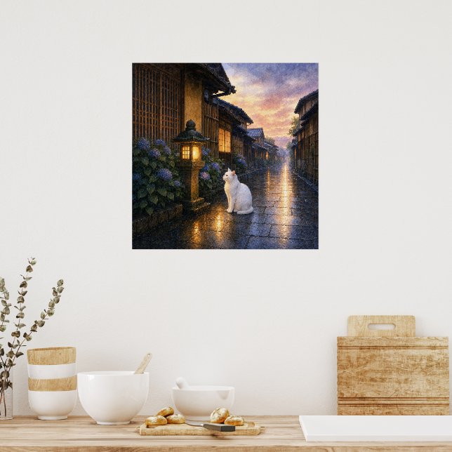 series_2_10｜Square Gazing Lantern White Cat Art Poster (Kök)