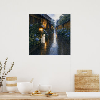 series_2_2|Square Kyoto Lantern White Cat Art Poster