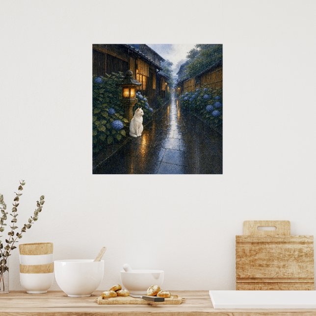 series_2_2｜Square Kyoto Lantern White Cat Art Poster (Kök)