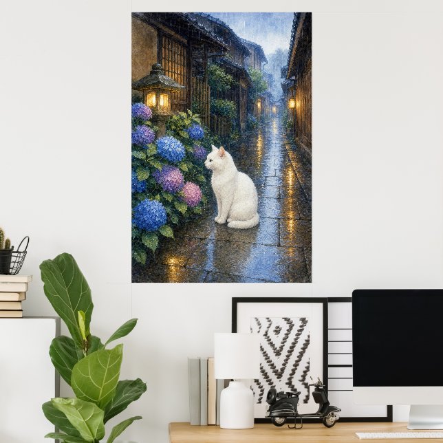 series_2_3｜Rainy Kyoto White Cat Hydrangea Art Poster (Hemmakontoret)