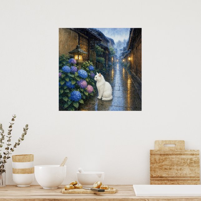 series_2_3｜Square Kyoto Hydrangea White Cat Art Poster (Kök)