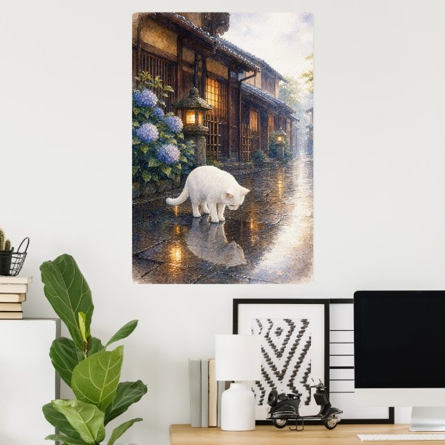 series_2_9｜Kyoto Puddle Reflection White Cat Art Poster (Hemmakontoret)