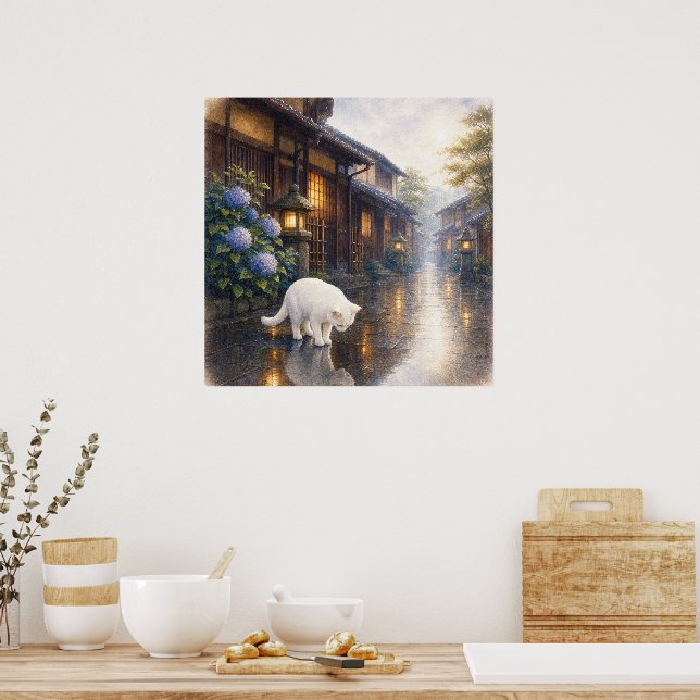 series_2_9｜Square Puddle Reflection White Cat Art Poster (Kök)