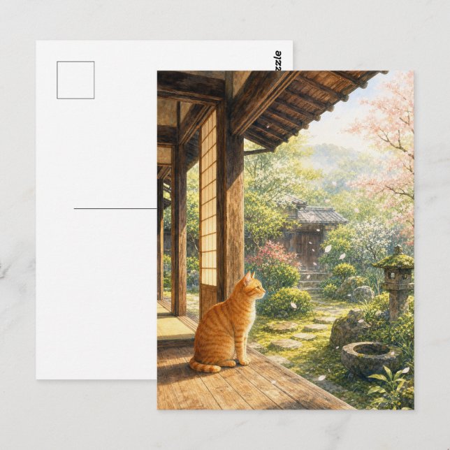 series_3_10｜Spring Sakura Veranda Tabby Cat Art Vykort (Fram/baksida)