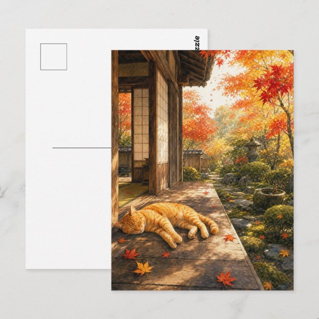 series_3_6｜Autumn Veranda Sleeping Tabby Cat Art Vykort (Fram/baksida)