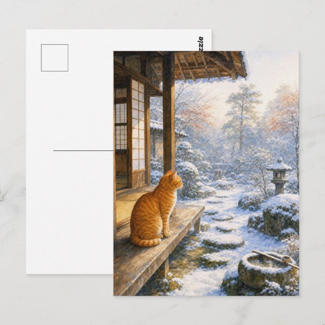 series_3_7｜Winter Snow Veranda Tabby Cat Japan Art Vykort (Fram/baksida)