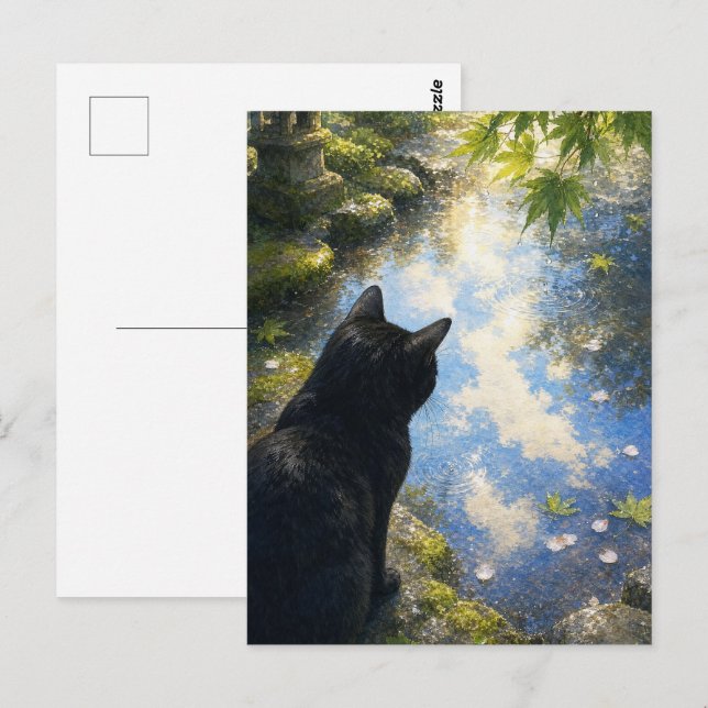series_4_10｜Kyoto Puddle Reflection Black Cat Art Vykort (Fram/baksida)