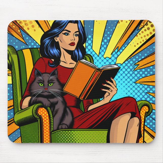 Seriestil Pop Art Kvinna som läser och katt Musmatta (Framsidan)