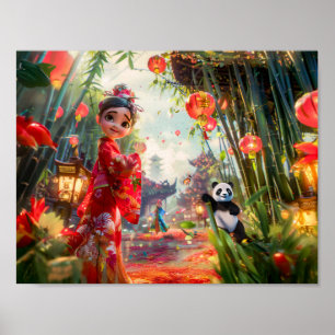 Serieteckning av flicka i bambuskog med panda poster