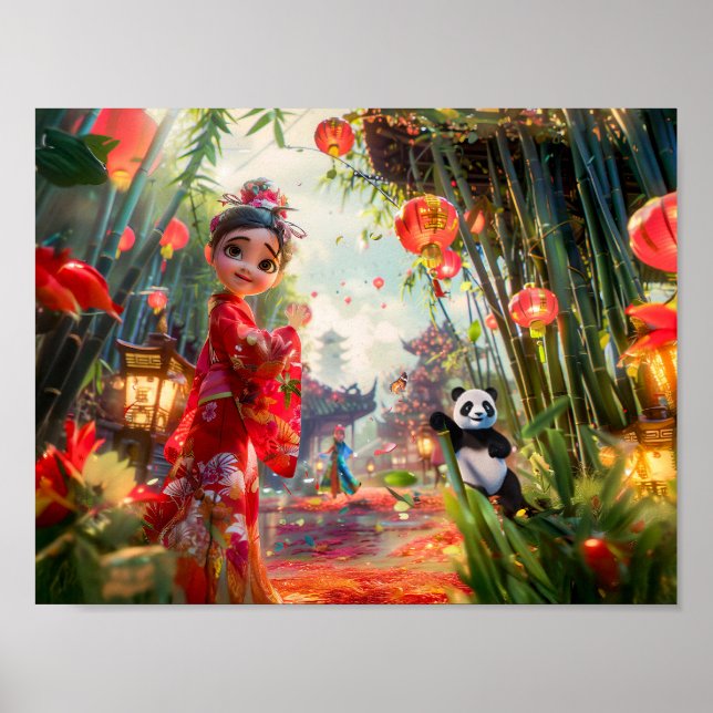 Serieteckning av flicka i bambuskog med panda poster (Framsidan)
