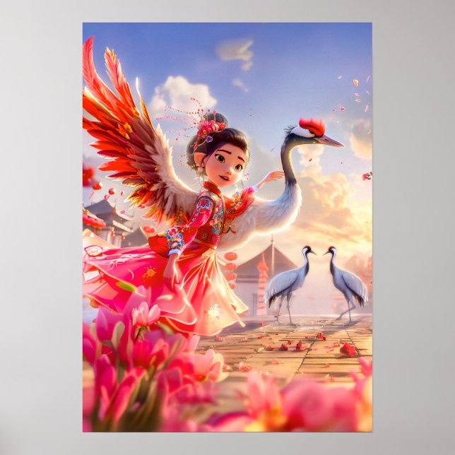 Serieteckning av flicka som dansar med trana i gra poster (Framsidan)