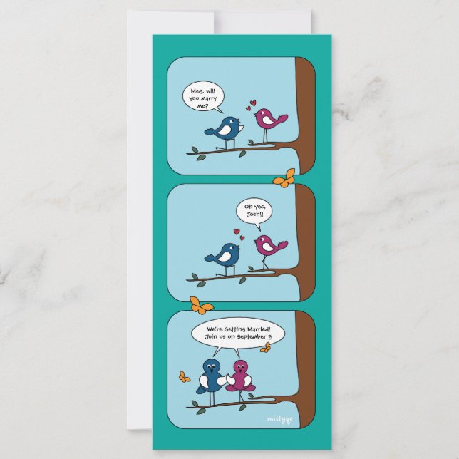 Serieteckning Kärleksfåglar Spara Datum Bröllopsko Inbjudningar (Framsida)