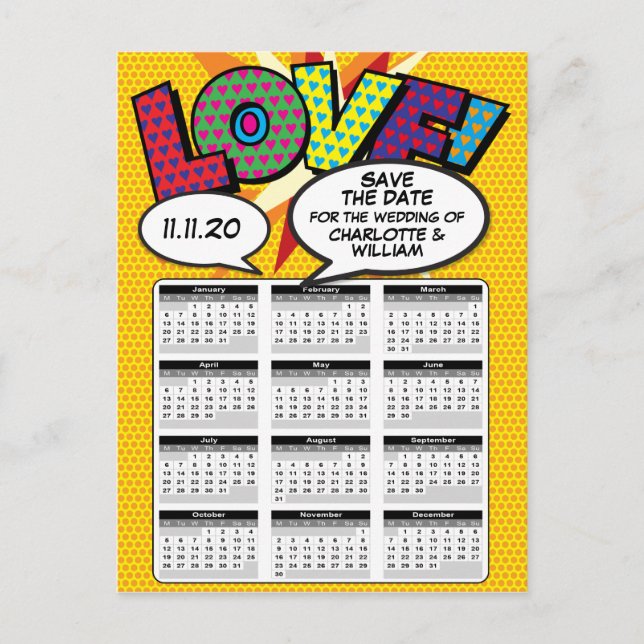 Serietidnings Pop Art Spara datum 2020 Kalender Meddelande Vykort (Framsida)