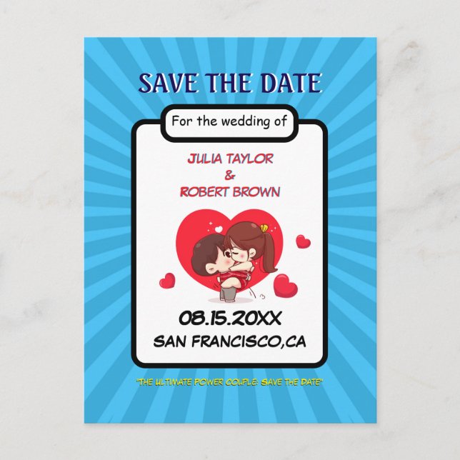 Serietidningsstil personligt spara datum  meddelande vykort (Framsida)