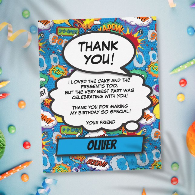 Serietidningsuperhjälte Födelsedagsfest Blå Tack Kort (Comic Book Superhero Birthday Party Blue Thank You)