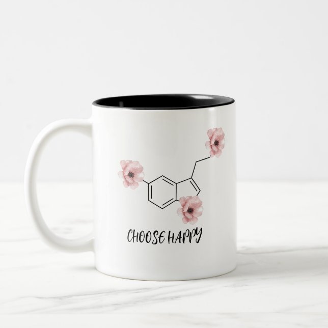 Serotonin Molecule Rosa Flowers Välj Lycklig Två-Tonad Mugg (Vänster)