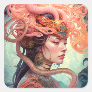 Serpent Hair Dam Fantasy Art Fyrkantigt Klistermärke