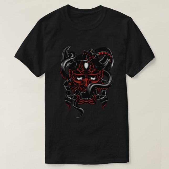 Serpents embrace Demon Oni Mask T Shirt (Design framsida)