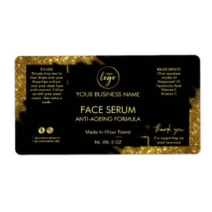 Serumetikett Lux Glitter Black Guld Hair Ansikte Fraktsedel