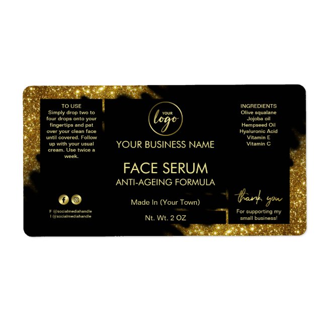 Serumetikett Lux Glitter Black Guld Hair Ansikte Fraktsedel (Framsidan)