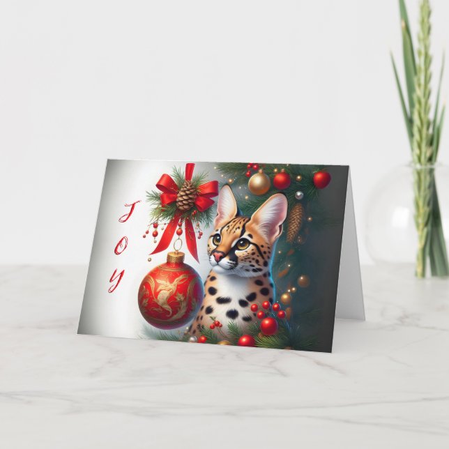 Serval Cat Beside Red Ornament-julkort Helgkort (Framsida)