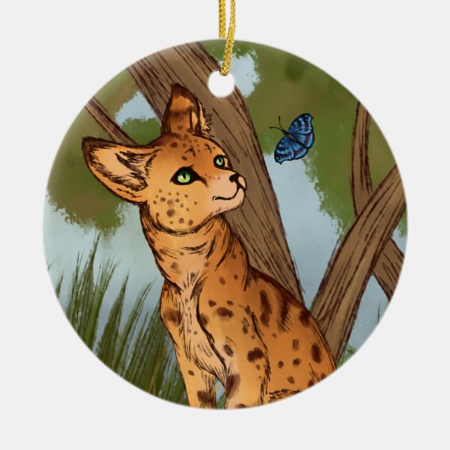 Serval och fjäril julgransprydnad keramik (Framsidan)