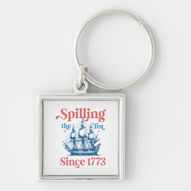 Serverar Te Sedan 1773, Patriotisk, 4:e Juli Fyrkantig Silverfärgad Nyckelring (Framsidan)