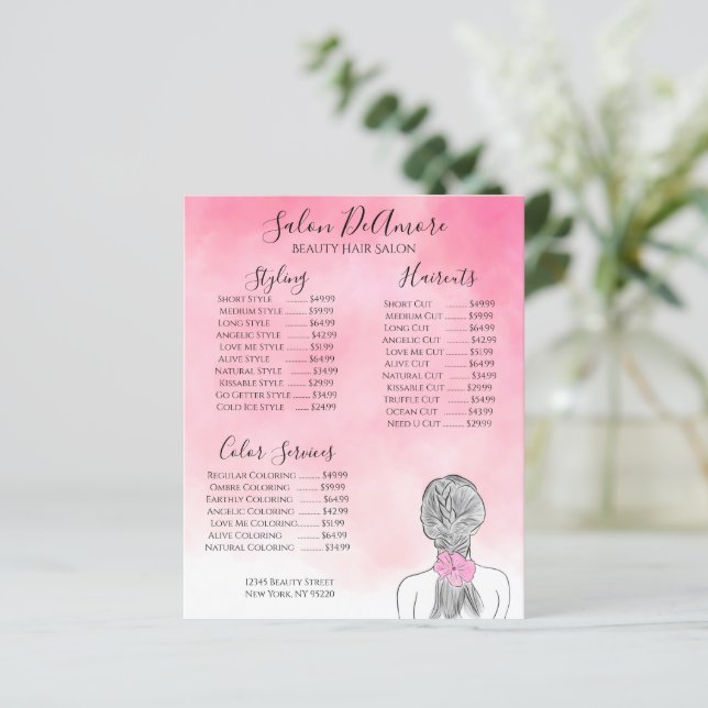 Service Meny Tjej med fläta Rosa akvarell  (Stående Fram)