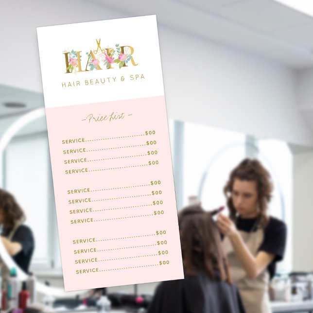 Service-menyn Luxi elegant hårsalon rosa guld  Reklamkort (Skapare uppladdad)