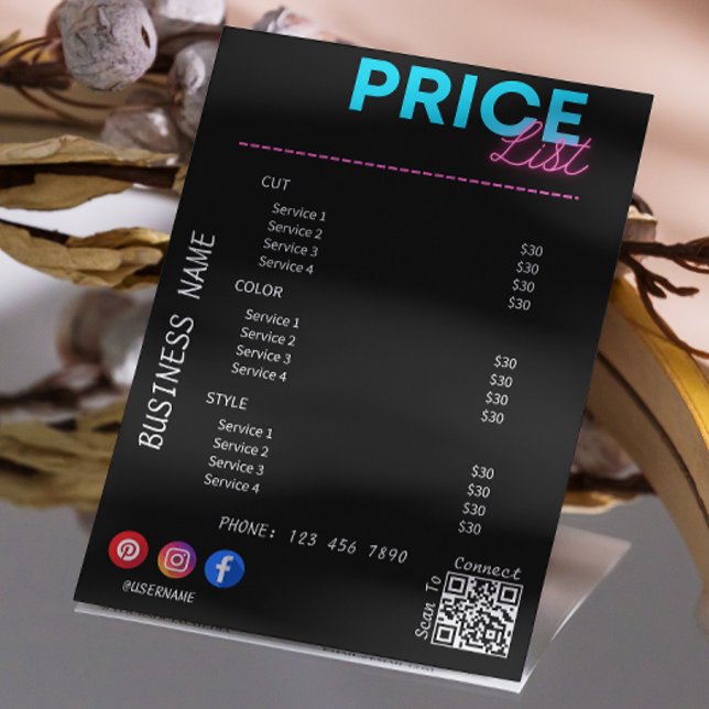 Service Pris List Scan Me Black Marknadsföring Flygblad (Black Business Service Price List Menu Flyer)