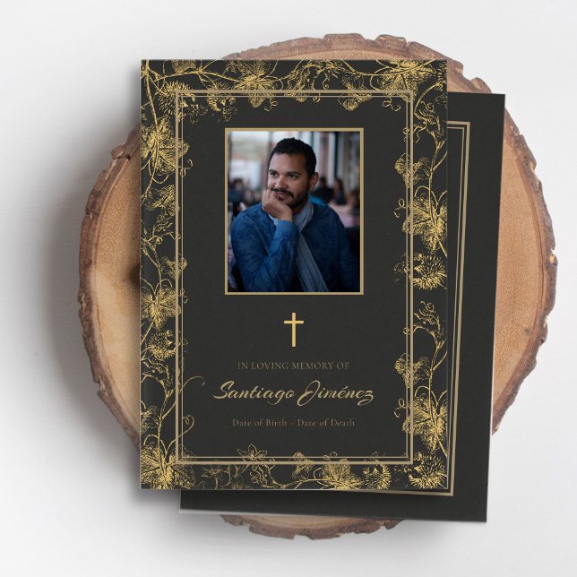 Serviceorder Firande of Life Funeral (Funeral program with gold vine and photo, order of service, in loving memory, celebration of life)
